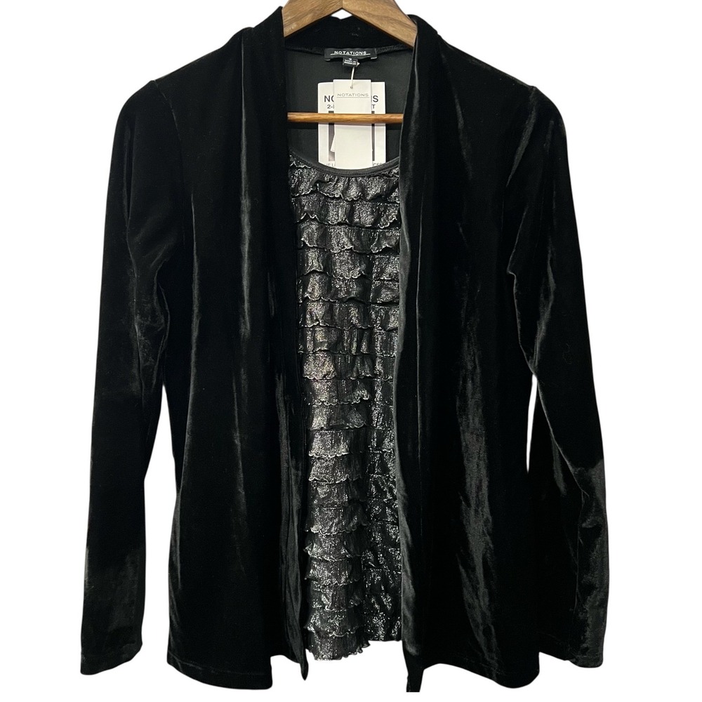 Notations Black Velvet Jacket Silver‎ Ruffle Tank Twinset Women's Size Small - Picture 3 of 8